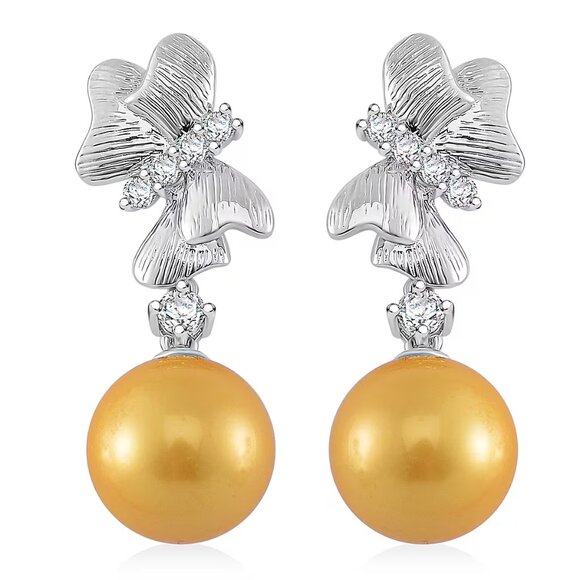 Golden Color Shell Pearl and Simulated Diamond Earrings in Silvertone - Picture 1 of 2